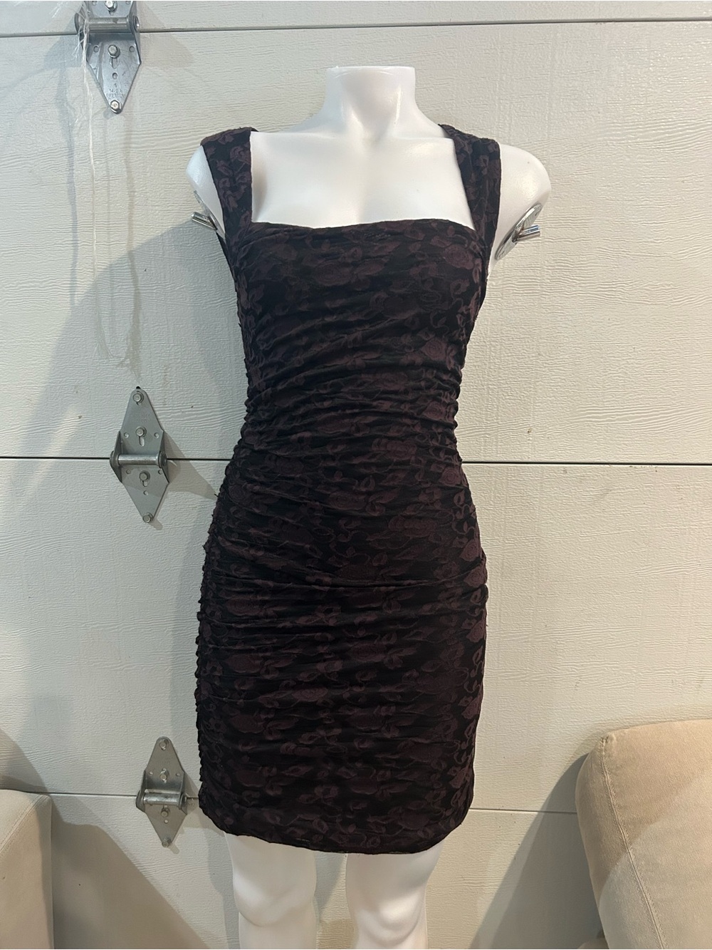 Free People Ruched Square-Neck Mini Dress in Plum
